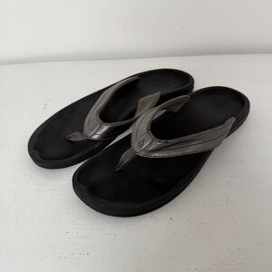 OluKai Sandals Ohana Pewter Black Metallic Flip Flop Womens Size 9